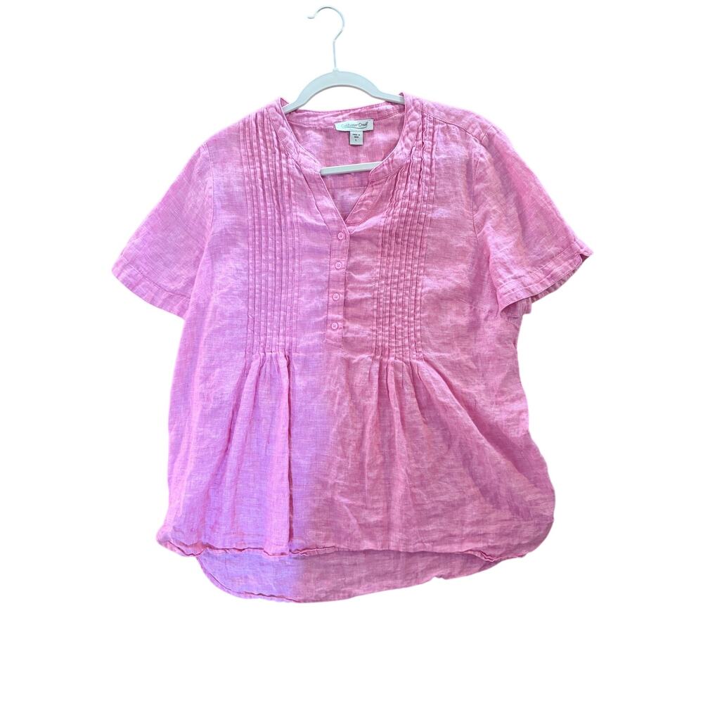coldwater creek lilac pink 100% linen blouse top pleated button front large